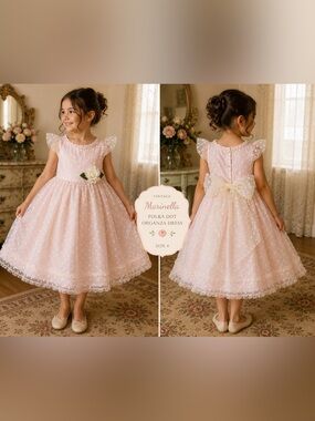 4T - MARMELLATA -Vintage 80s Girls Pink Polka Dot Organza Party Dress Floral Bow